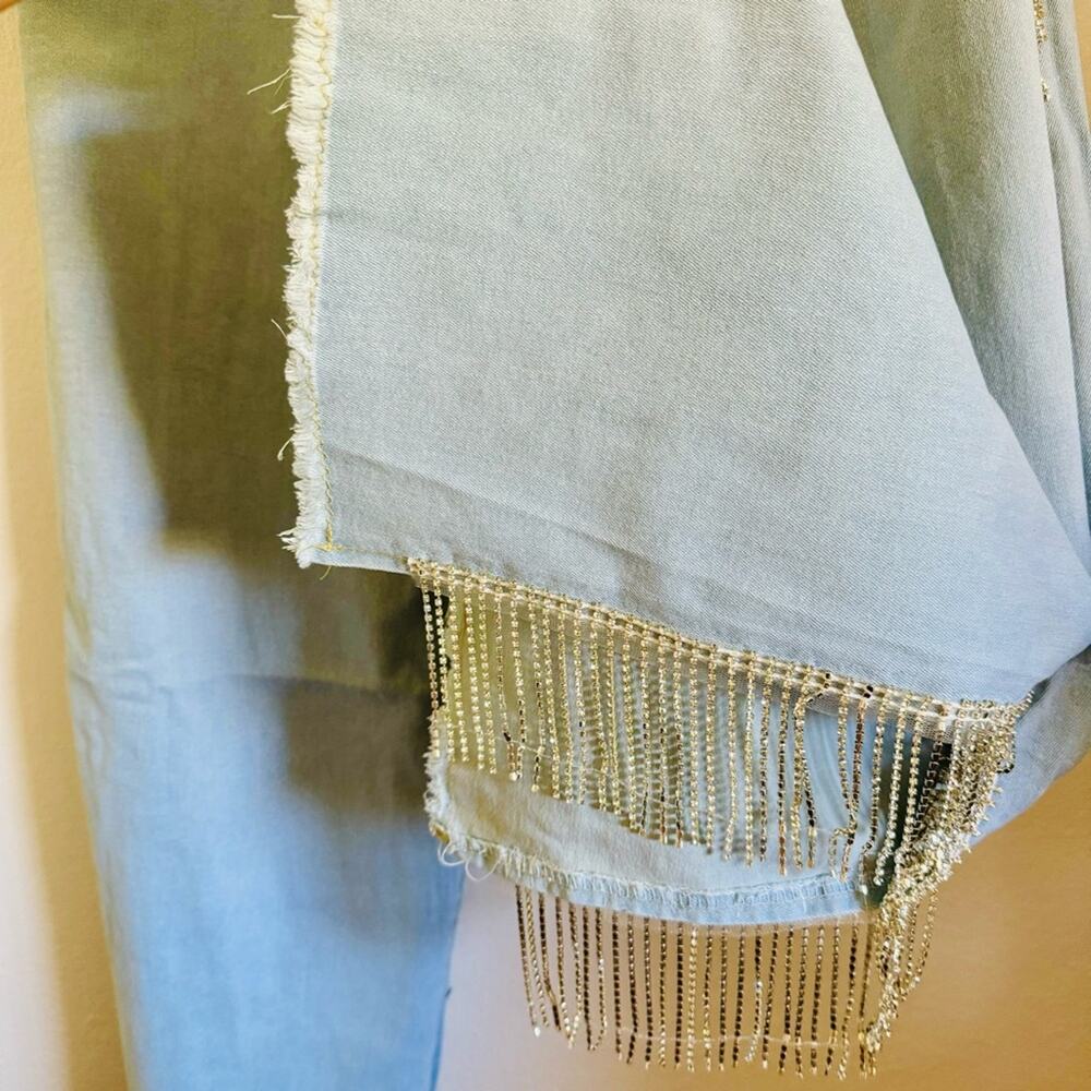 NEW Light Wash Stretch Denim Rhinestone Crystal Fringe Tassel Split Leg Jeans L - Picture 5 of 14